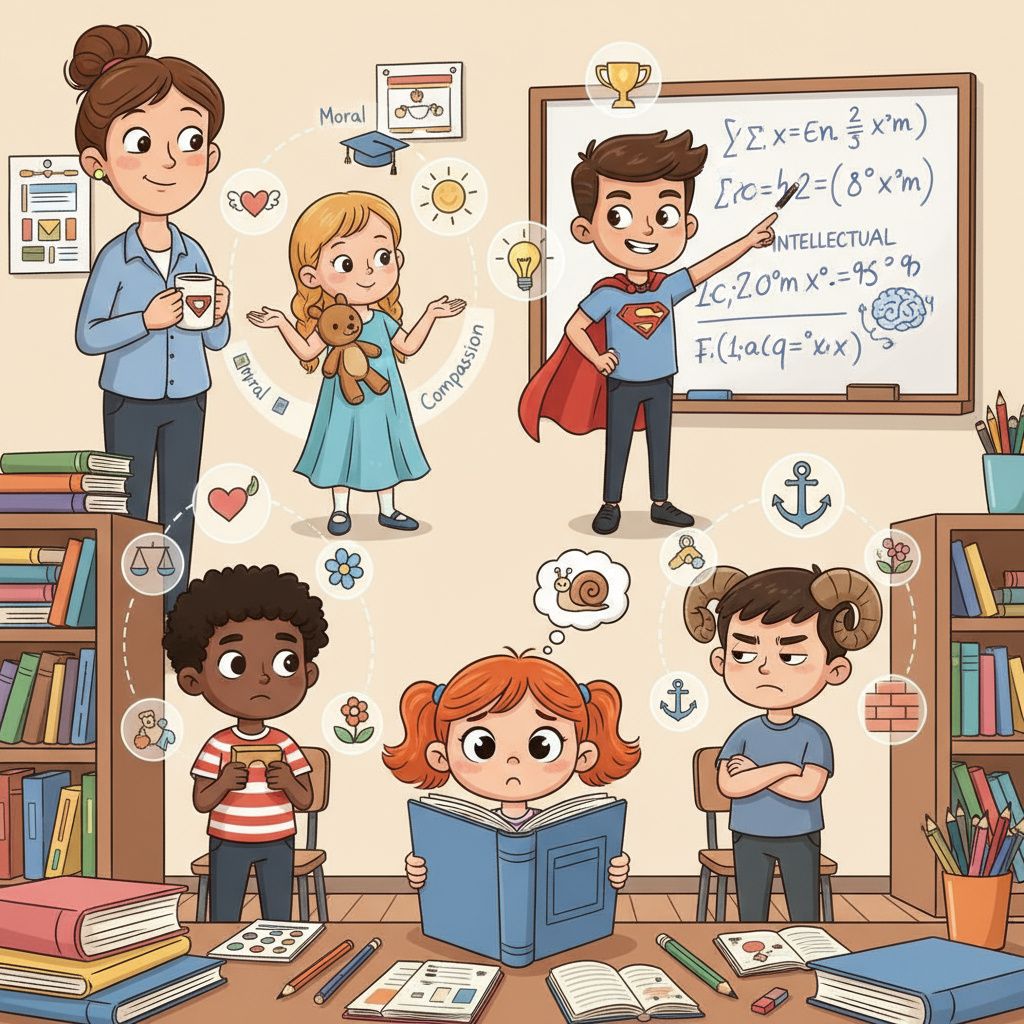 An animated depiction of different personality types interacting - shy, ambitious, compassionate, stubborn - with icons or visual cues representing moral, intellectual, and personality traits around them.