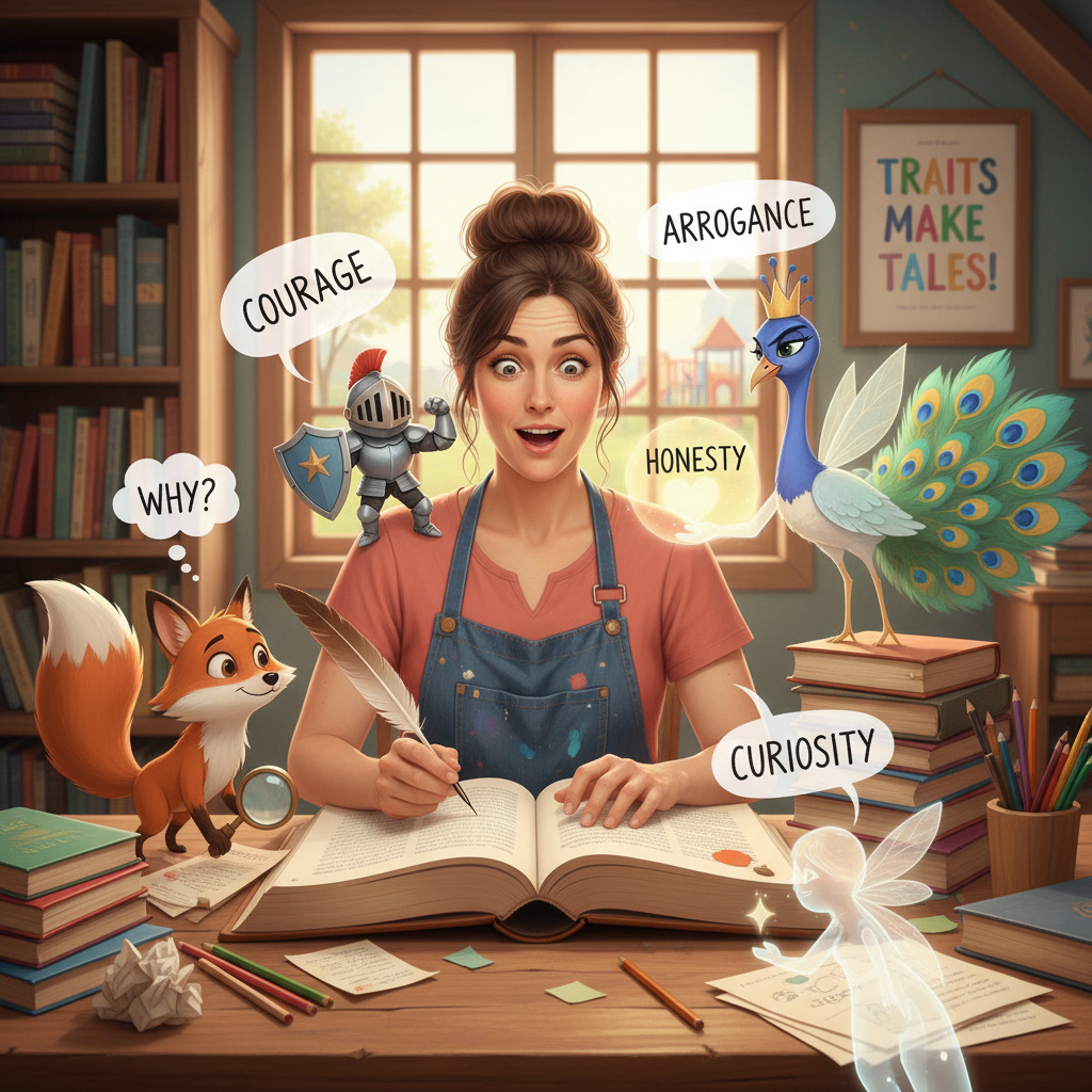 A storyteller or writer at a desk surrounded by animated characters showing a range of traits like courage, arrogance, honesty, and curiosity, emphasizing how traits bring stories and characters to life.