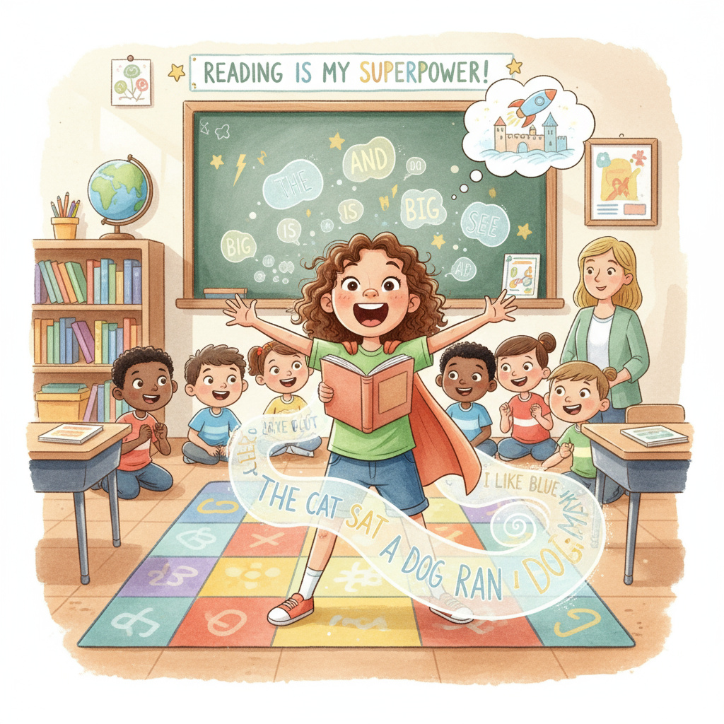 An animated depiction of a first grader demonstrating reading superpowers: sight words floating around, letters blending together to form words, simple sentences appearing, and the child proudly telling a story.