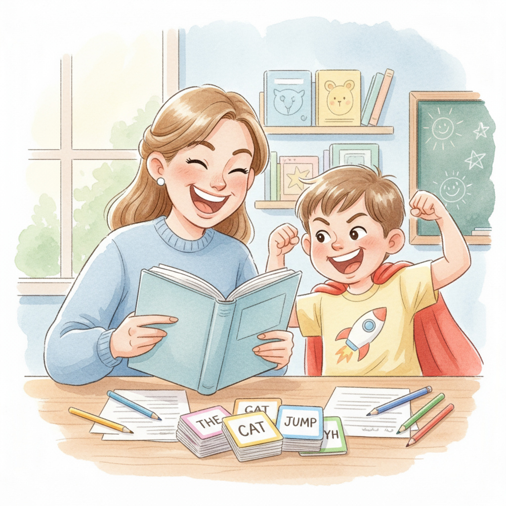 A warm family scene showing a parent and child reading together aloud, alternating reading pages, using expressive voices, and playing sight word games with flashcards on a table nearby.