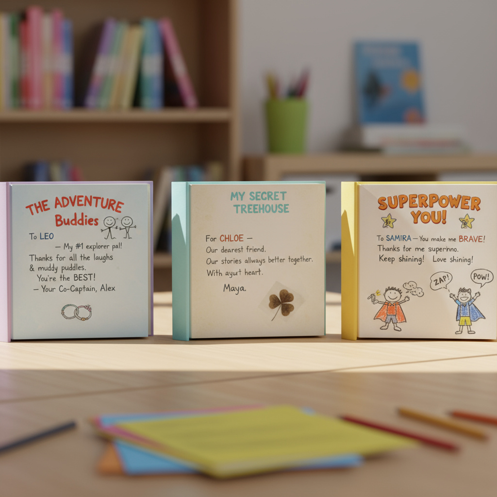 Various open books showing different heartfelt, lighthearted, and meaningful dedications to friends, illustrating examples of dedication styles.