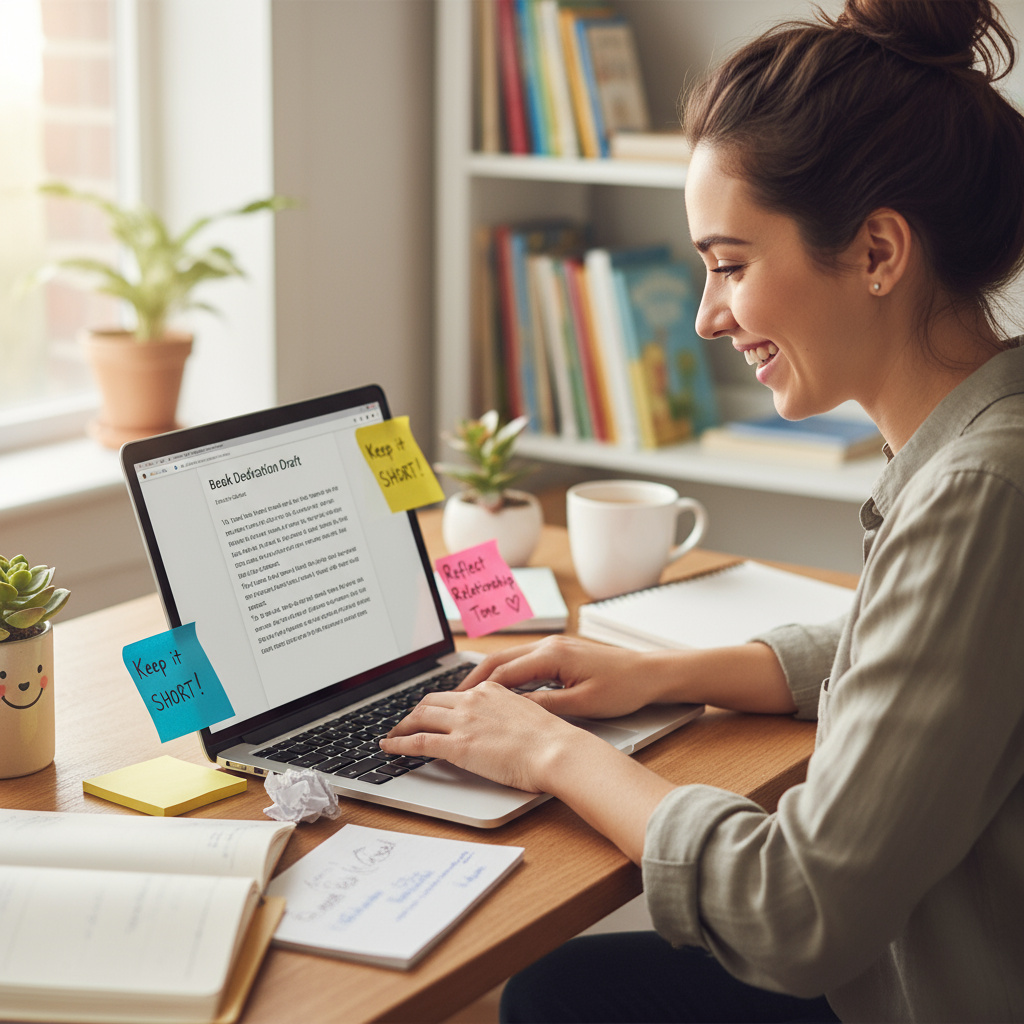 A writer happily drafting a book dedication on a laptop, with notes highlighting tips like being personal, keeping it short, and reflecting relationship tone.