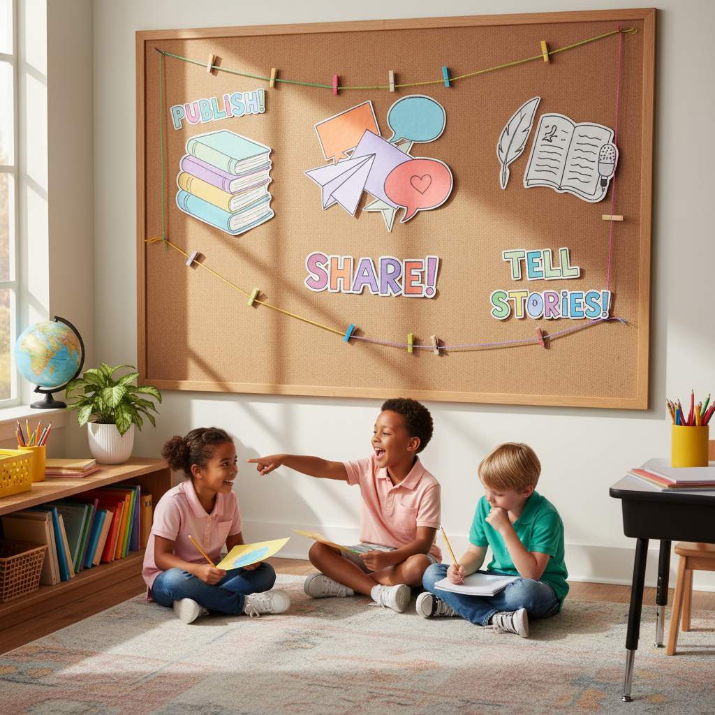 An author juggling multiple tasks with a calendar, marketing tools, and social media icons, illustrating the challenge and importance of self-promotion and marketing in self-publishing.