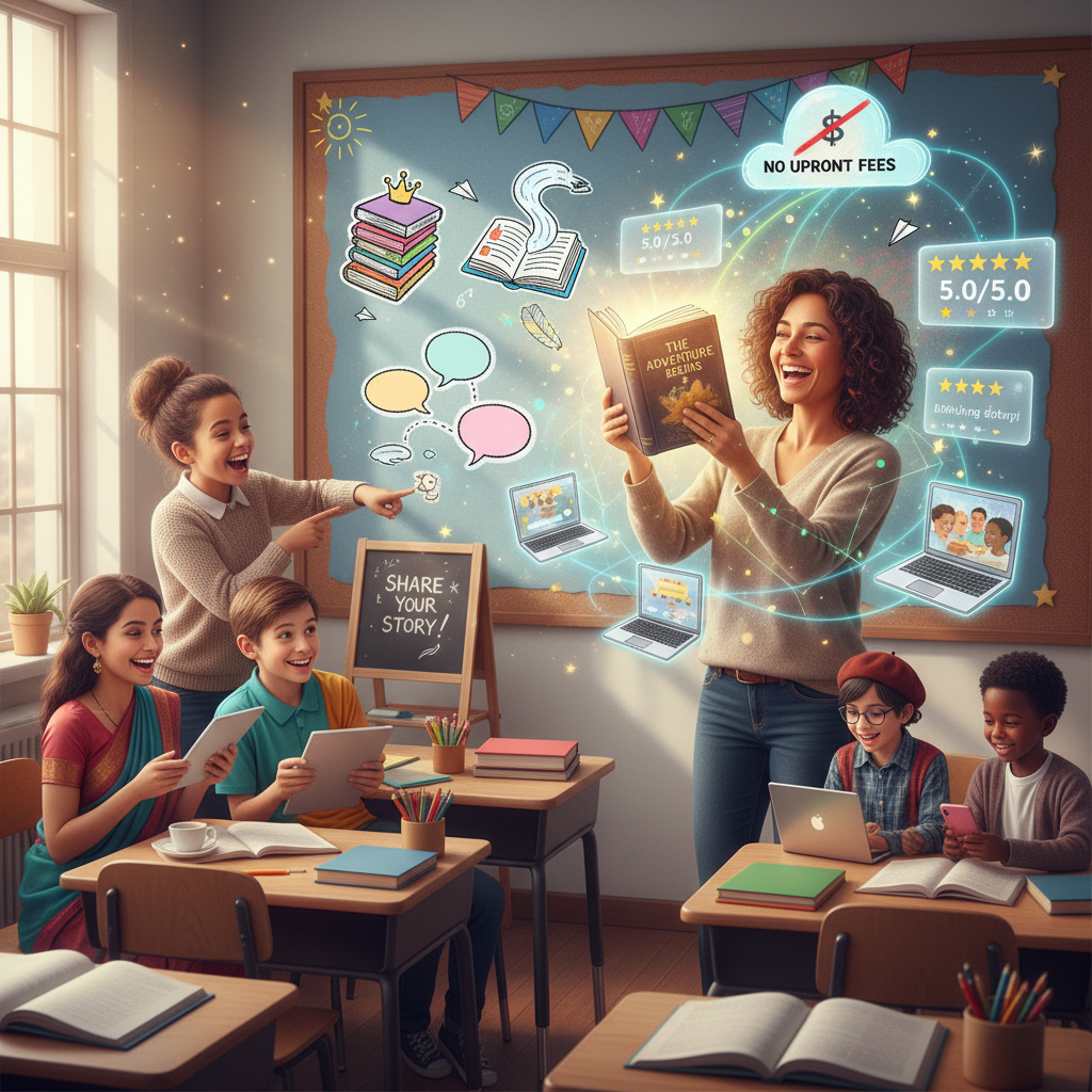 A celebratory scene of an author holding a published book with a glowing cover, surrounded by online ratings, reviews, and global readers connecting through devices, symbolizing the successful launch and distribution of their book without upfront costs.