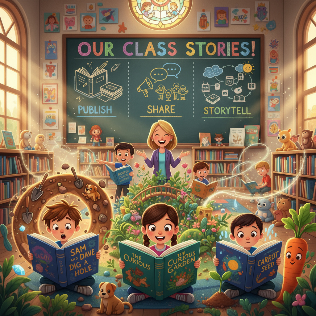 A lively animated scene of children engaging with books like 'Sam and Dave Dig a Hole', 'The Curious Garden', and 'The Carrot Seed', showing their stories coming to life around them, emphasizing perseverance and growth.