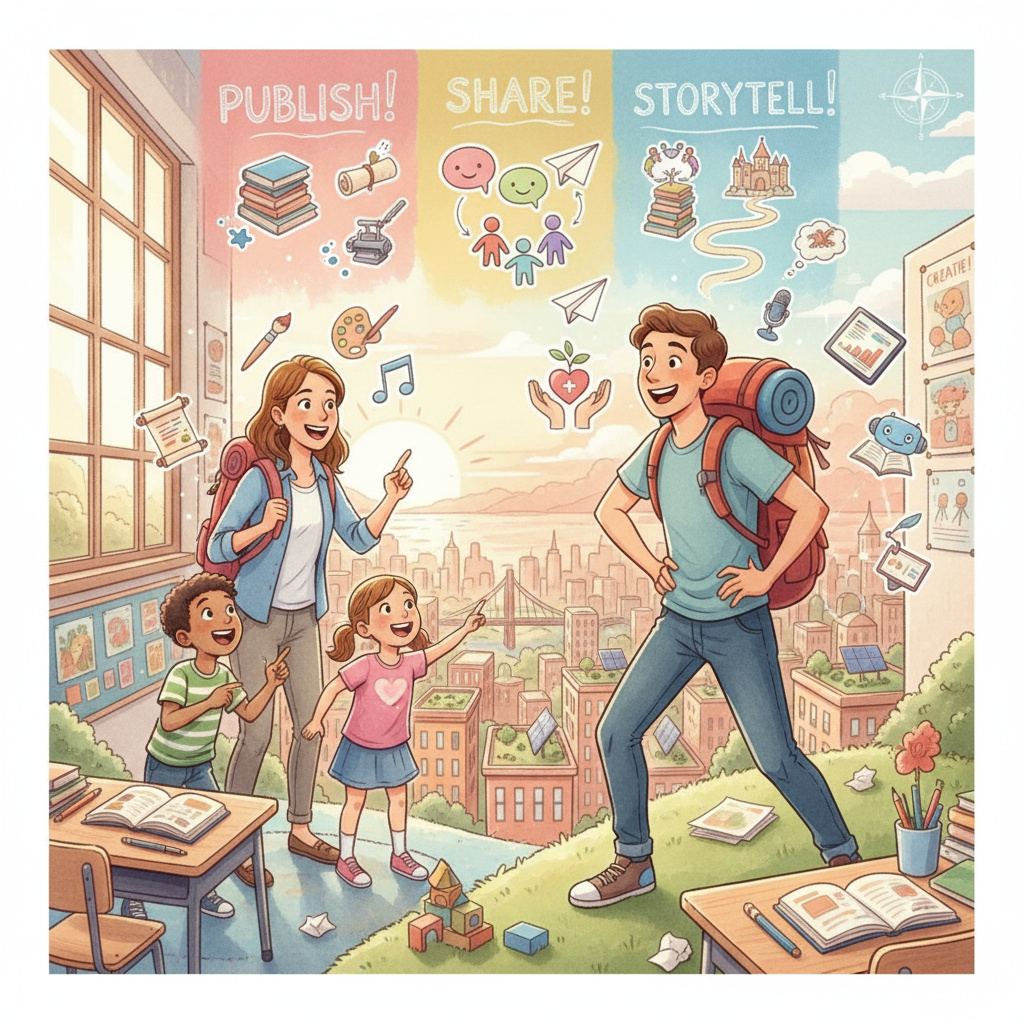 A traveler with a backpack standing at the edge of a new city or landscape, looking excited and curious, surrounded by symbols of culture, community service, and technology.