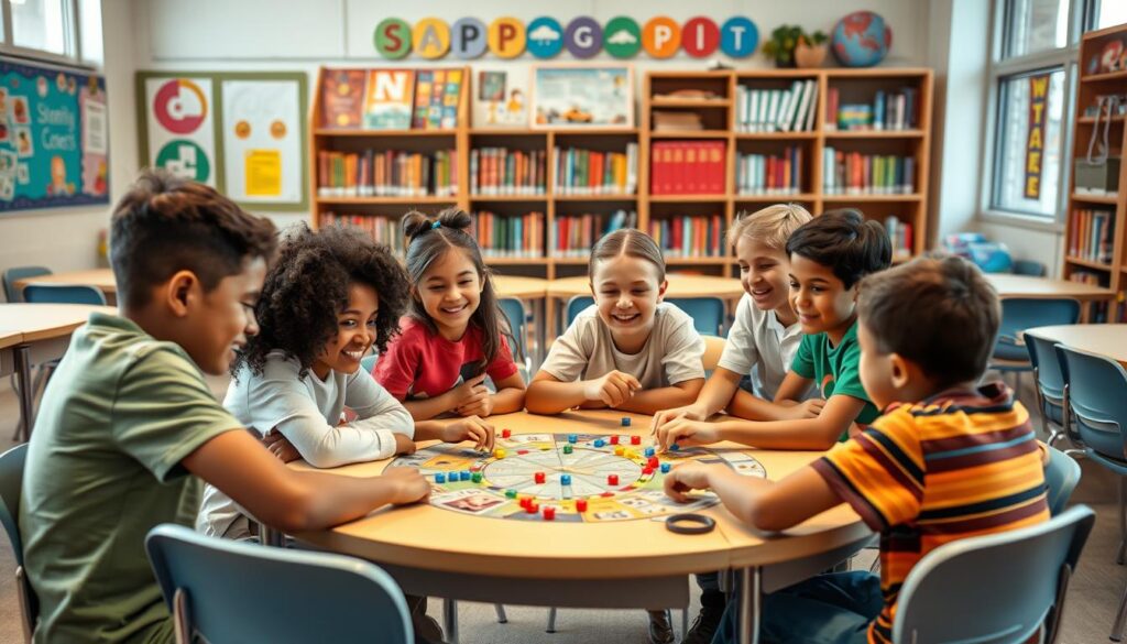 students collaborating on a board game in class