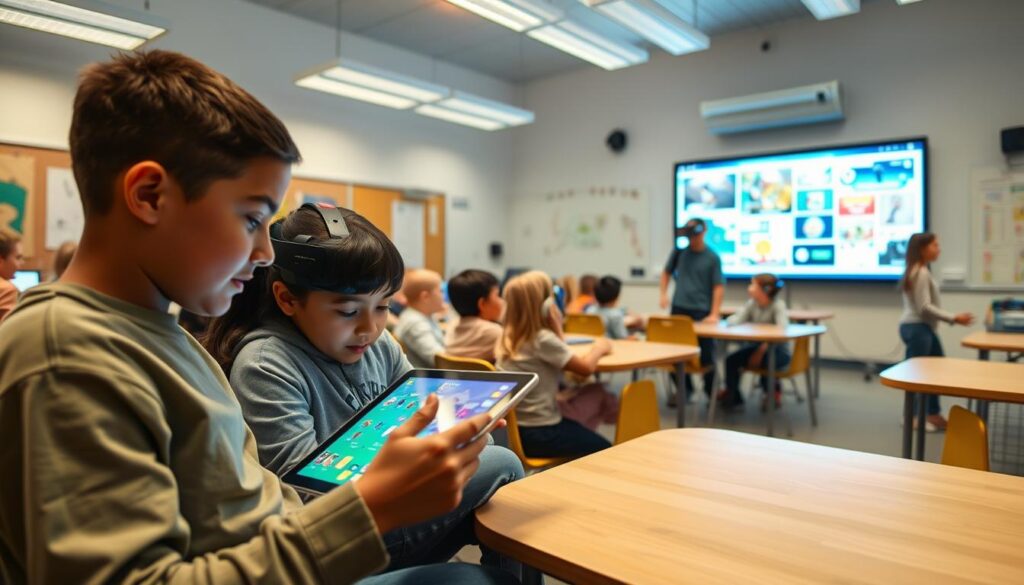 students collaborating on tablet-based educational activities