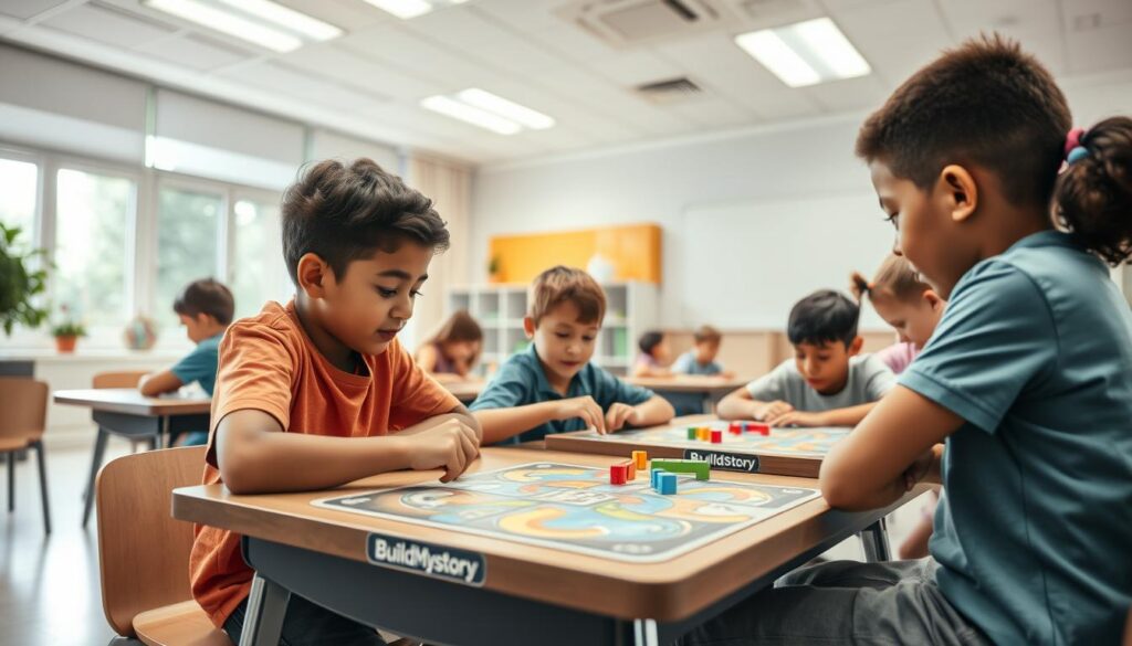 students playing assessment games at desks, no buildmystory logo